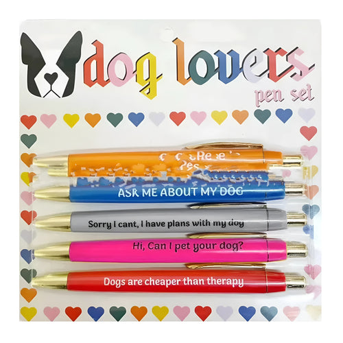 Set of five automatic pen markers with cat and dog themes in a beaded storage bag