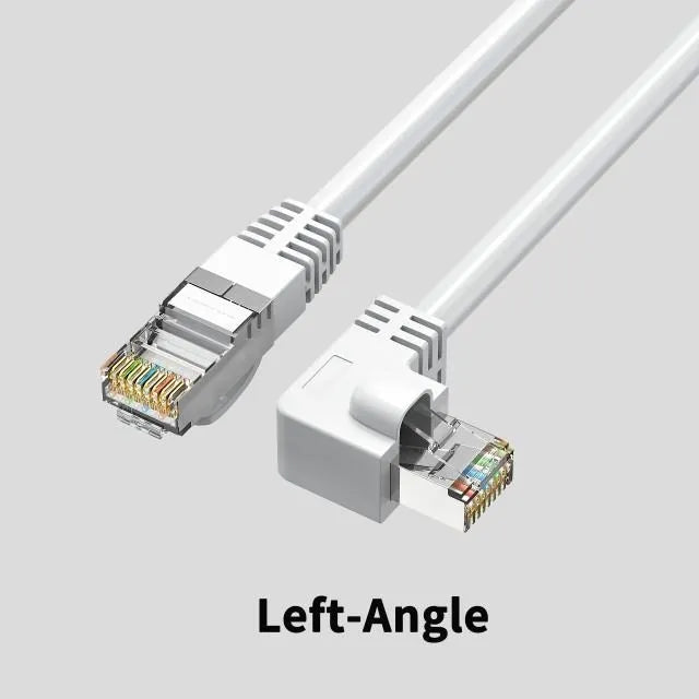 Cat6 Ethernet cable with right-angle metal RJ45 connector in black, available in multiple lengths