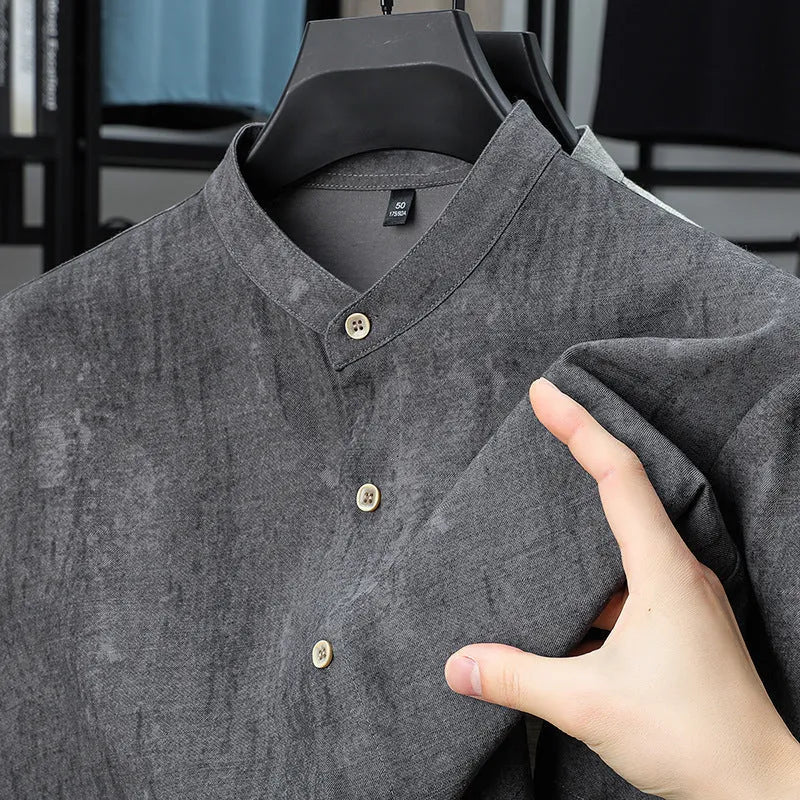 Men's loose fit linen blend shirt with stand collar in black grey colour