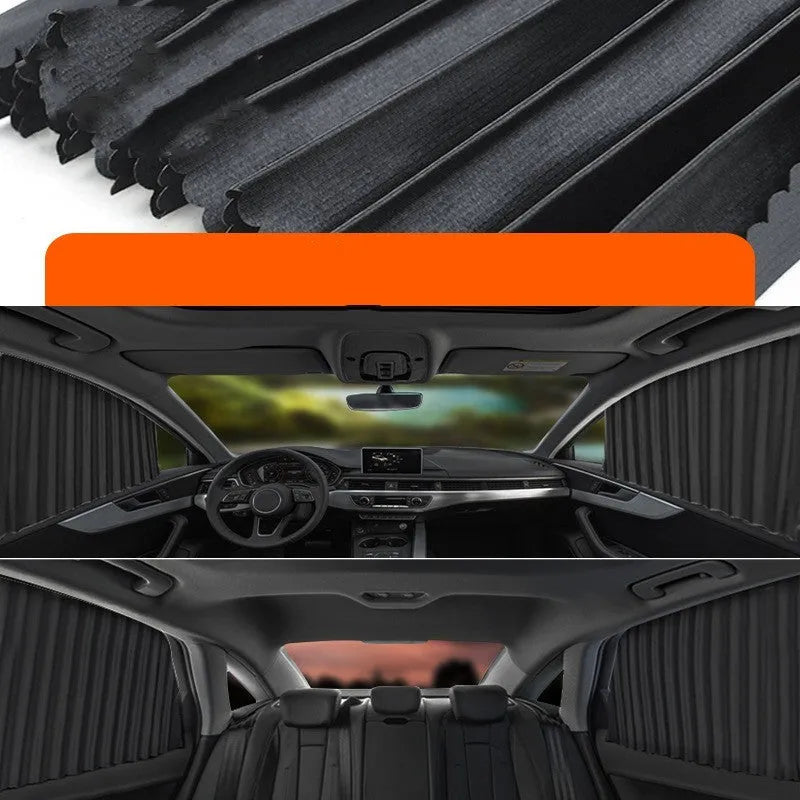 Auto retractable car sunshade curtain in thick opaque cloth with roller shutter mechanism