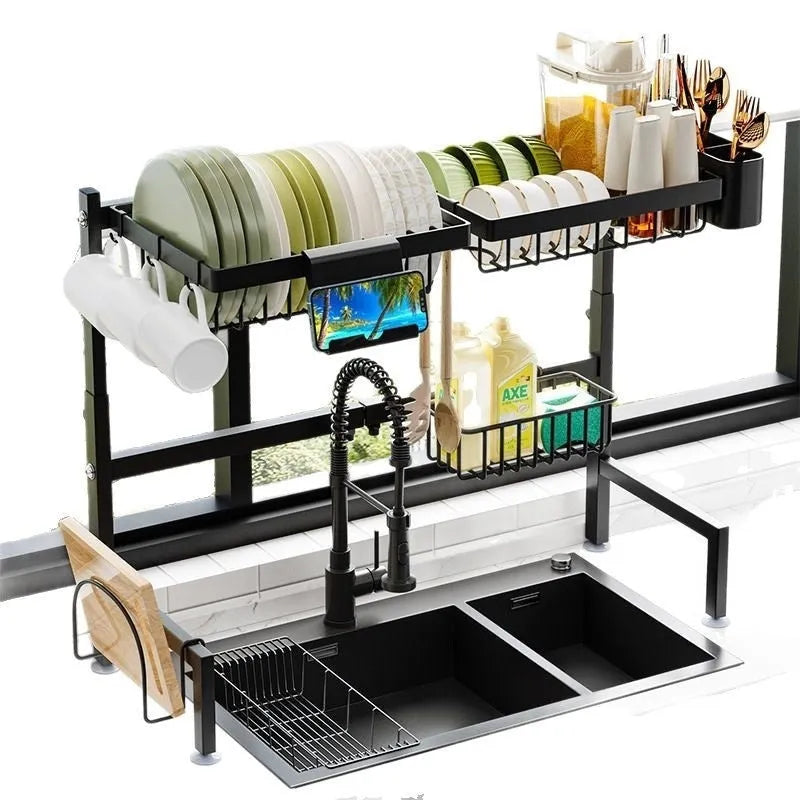 Black metal retractable sink draining rack with water pot rack set, over sink drainer and table top, modern simplicity style