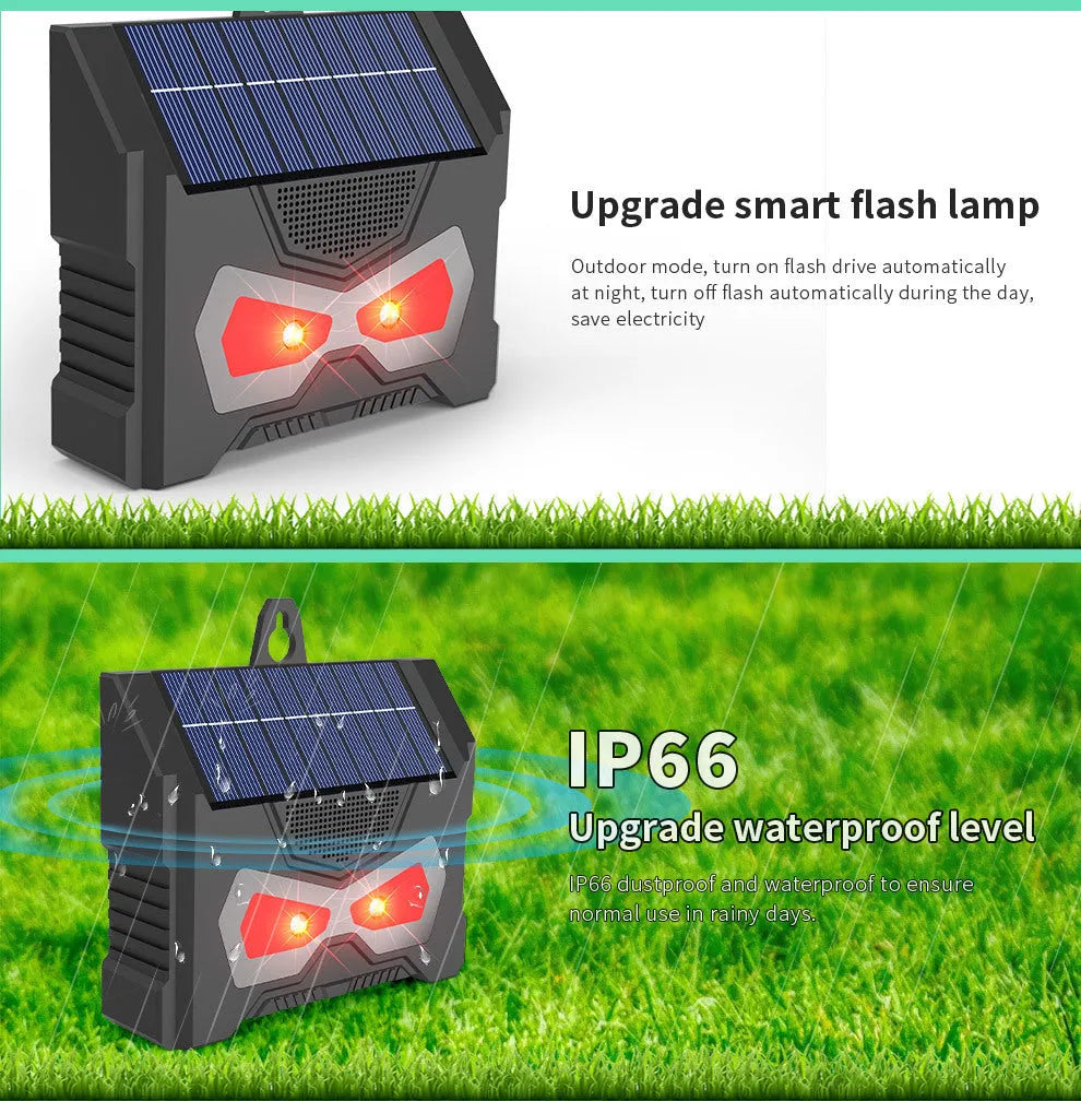 Black solar-powered ultrasonic animal repeller for garden and yard protection