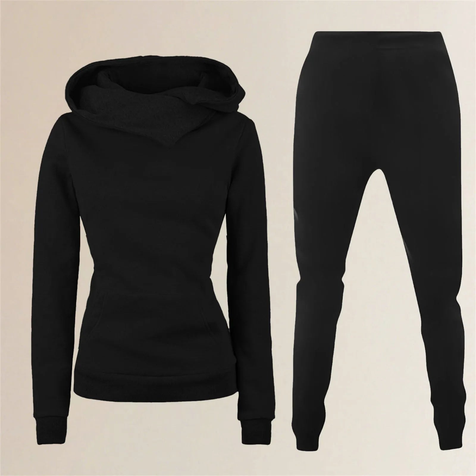 Ladies hooded sweater two-piece set in solid colour with long sleeves and jogger pants