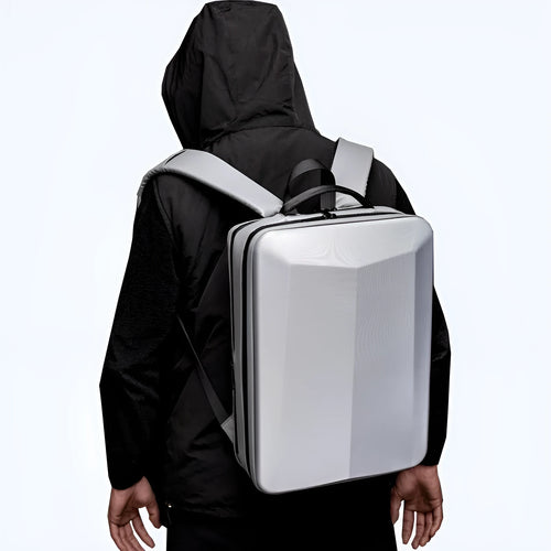 Black and silver white men's business backpack made of ABS PC and Oxford cloth, shown in 15 inch and 17 inch sizes.