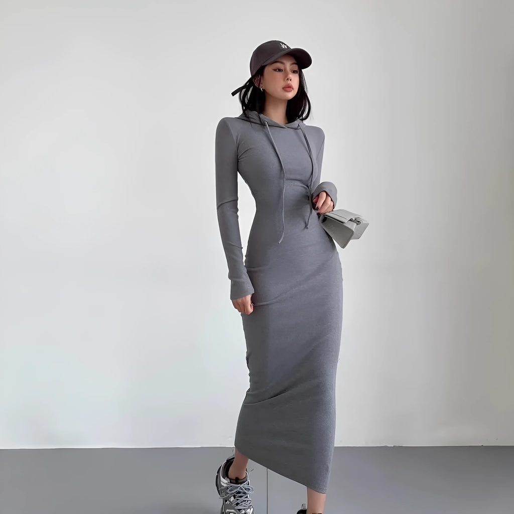 Women's grey hooded sheath dress with long sleeves and high waist design