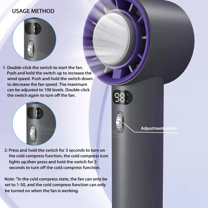 White portable handheld turbo fan with cooling function and display, shown on a table.