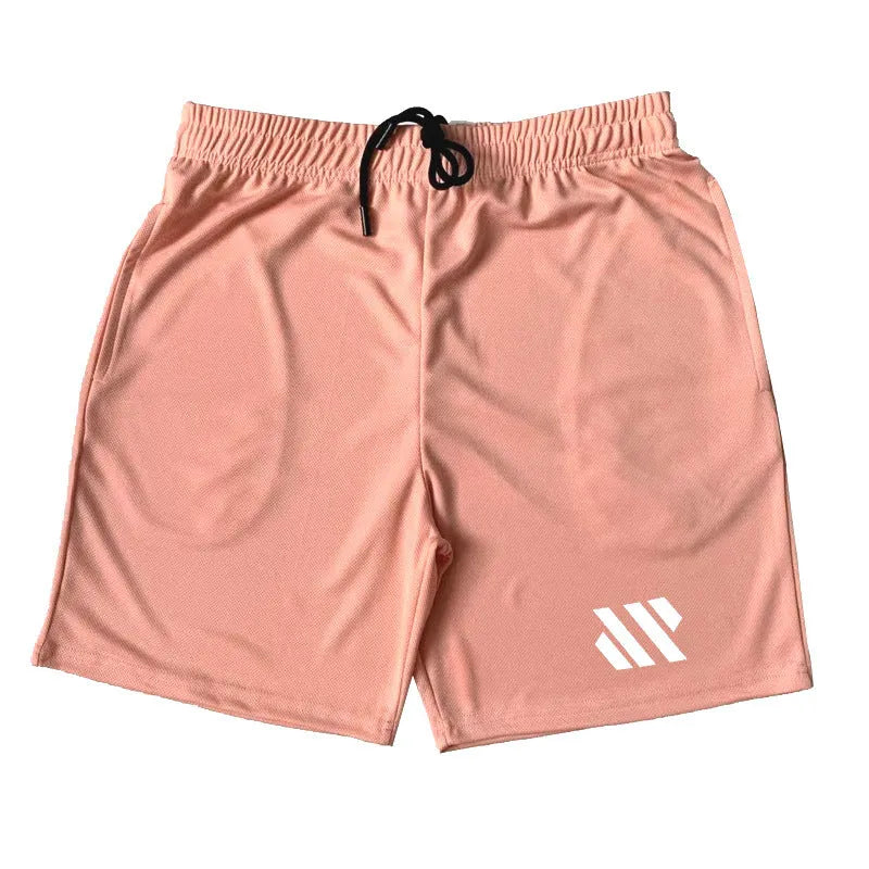 Man's loose-fit metal silk sports shorts in various colours on a hanger.