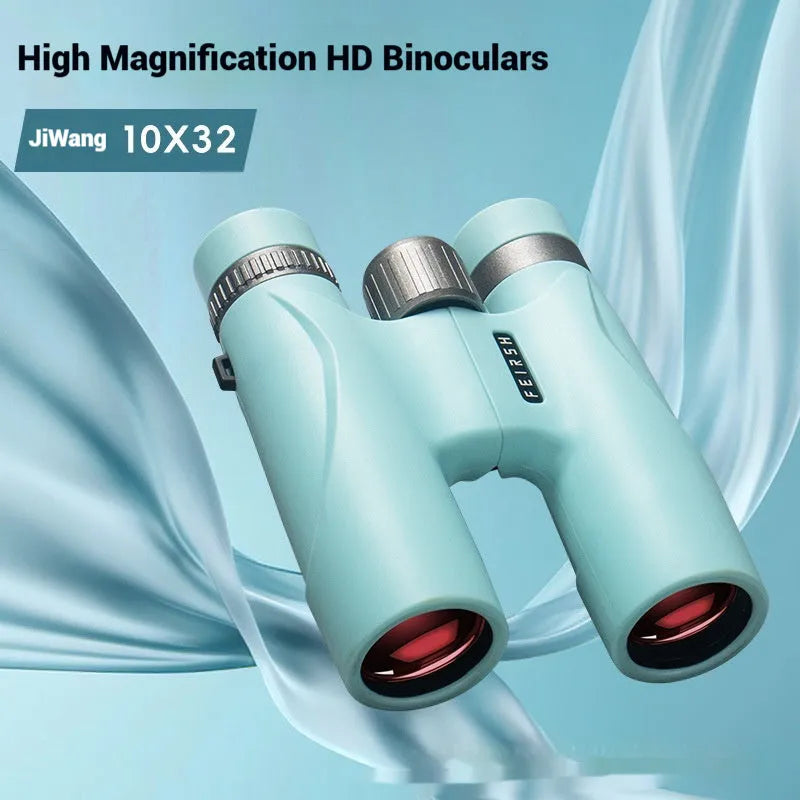 10x32 blue binoculars with wine red lenses showing 112mm height measurement