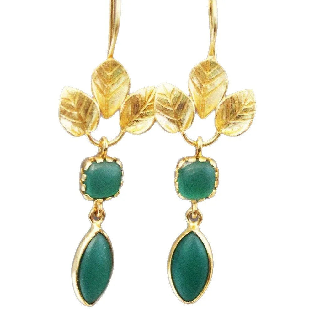 Gold-colour drop earrings with French leaf design, tassels, and small zircon stones.