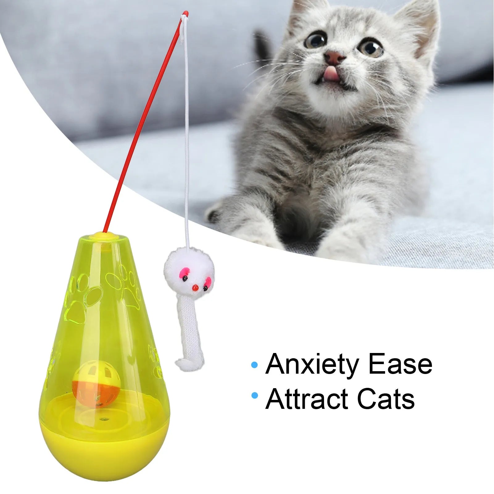 Blue and yellow cat toy with bell ball, plush mouse stick and snack dispenser