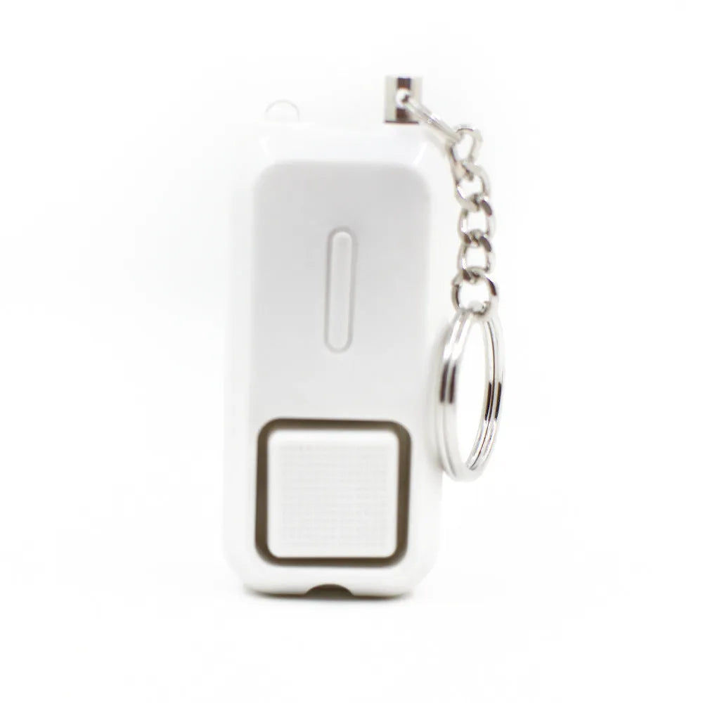 Compact pink personal security alarm showing dimensions and colour options