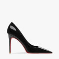 Women's pointed low-cut patent leather high heels in black with stiletto heel