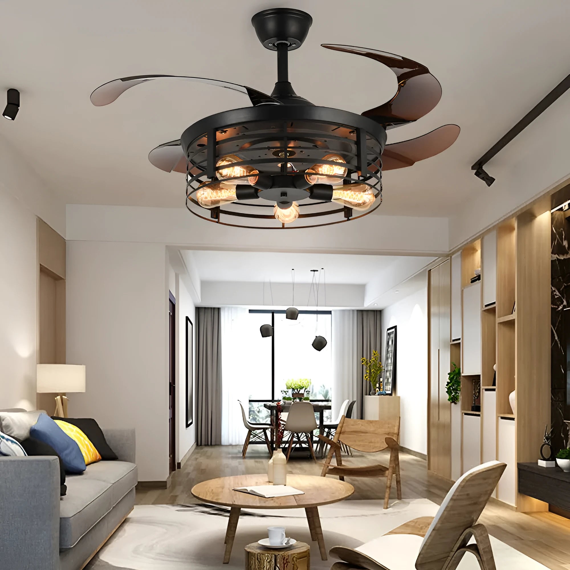 American retro industrial style ceiling fan lamp with acrylic blades and shade, remote control on table.