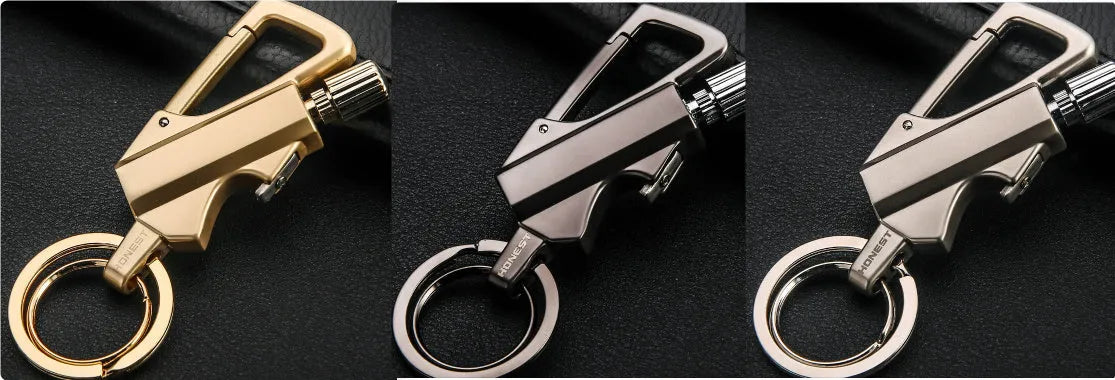 Metal keychain lighter with flint striker and bottle opener in black nickel finish