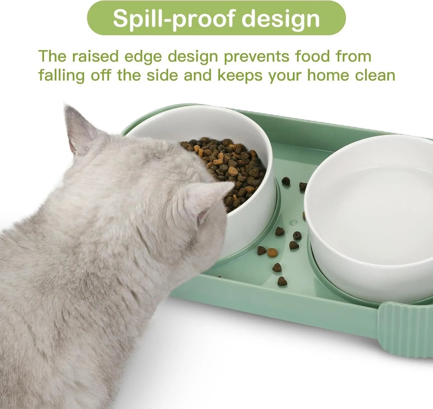 Green ceramic raised cat feeding bowls set with tilted design on a non-slip stand