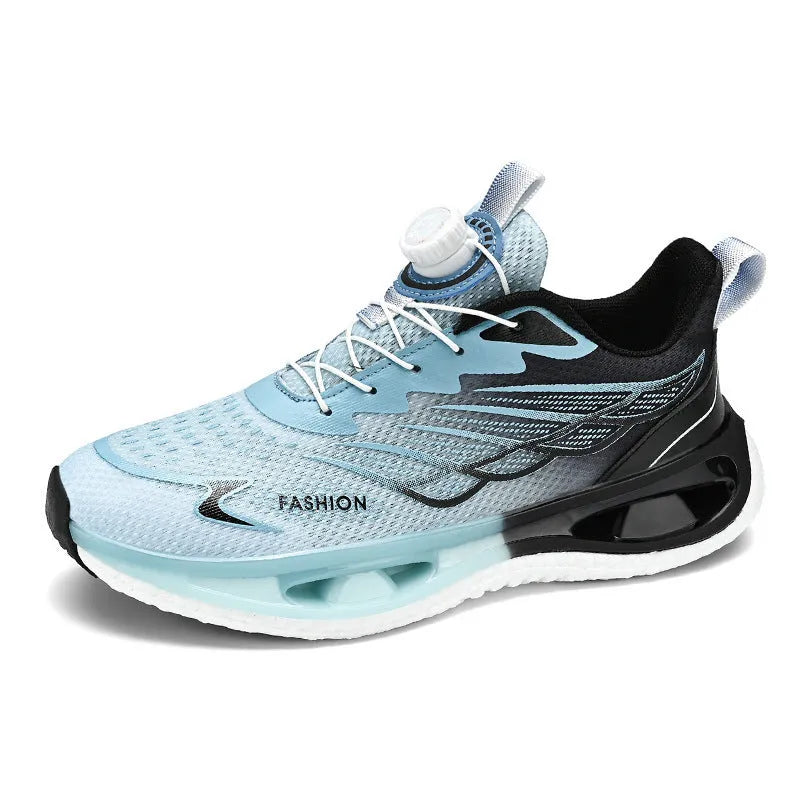 Youth button sneaker with rotating shock absorption system in light blue mesh option showing low-top design