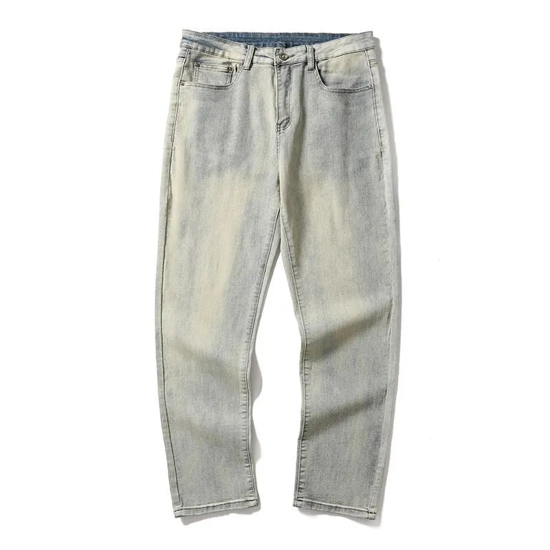 Men's washed distressed slim straight cotton pants in Cement Yellow, tapered leg mid-rise