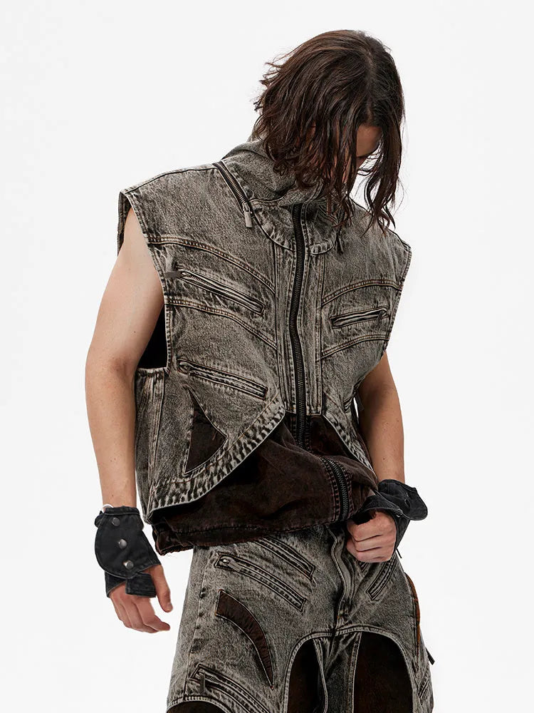 Men's denim vest jacket with front zip and sleeveless design in youth pop style