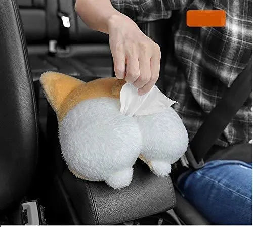 Soft yellow corgi butt-shaped tissue box cover with elastic strap for car sun visor.