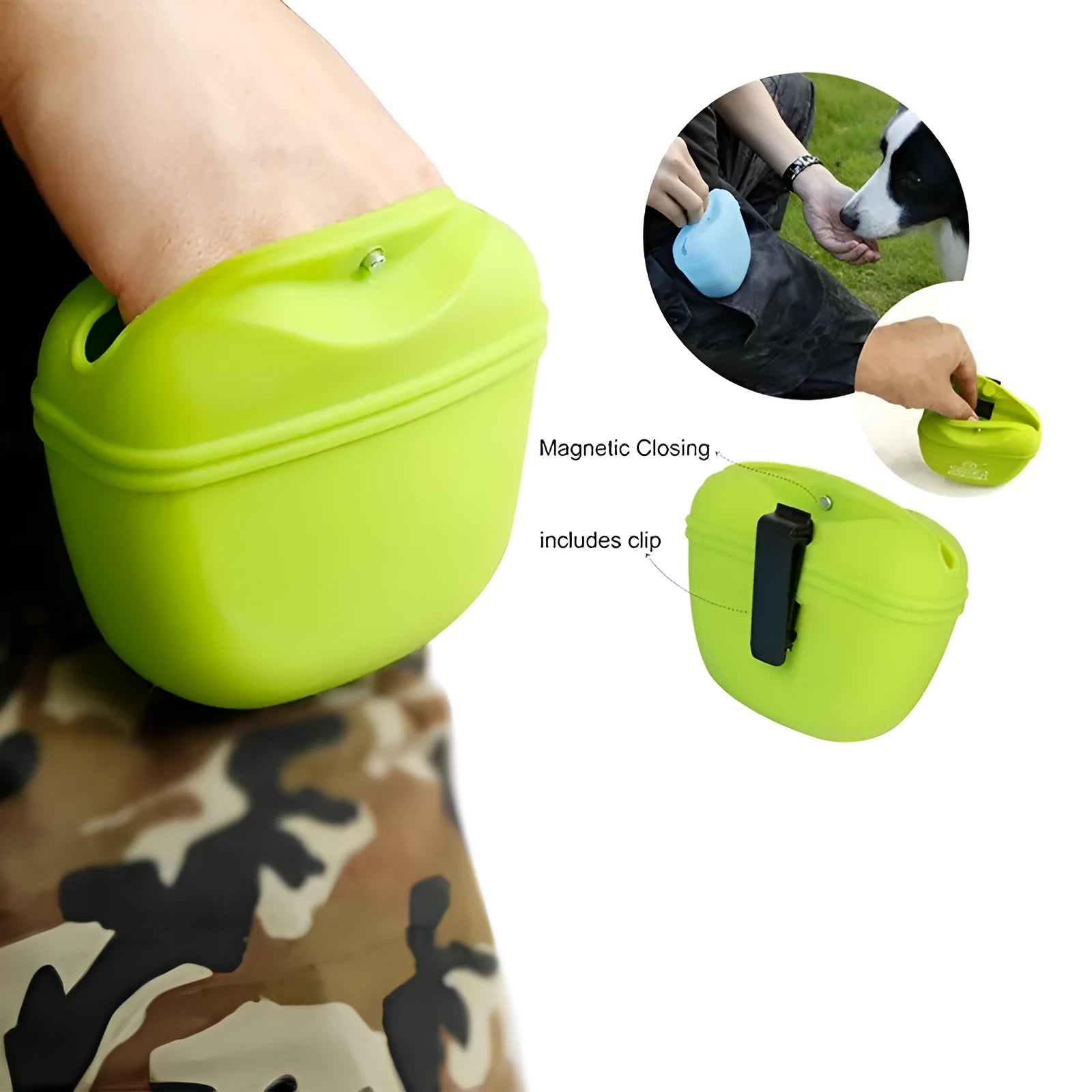 Silicone dog training treat waist bag with clip, shown in various colours.