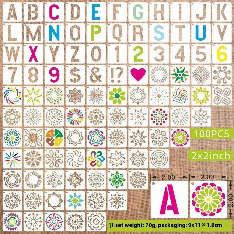 700 piece hollow spray painting stencil set showing animals, ocean, Hawaii, letter, and floral designs on milky white PET film