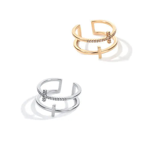 Women's miniature geometric copper ring with adjustable open design and inlaid zircon stones.