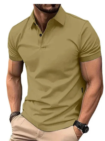Men's slim fit solid colour short sleeve button-up shirt on a hanger.