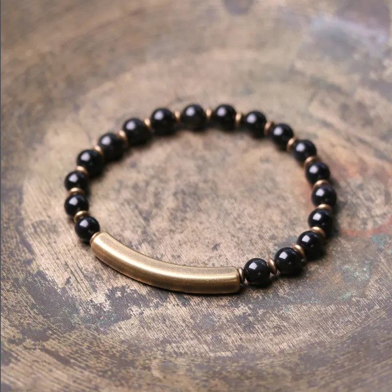 Layered retro ethnic bracelet with stone beads in water grass agate, obsidian, and red jasper colours