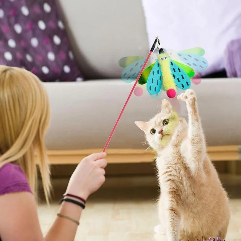 Cat wand toy with dragonfly attachment and bell on 49cm ABS plastic stick