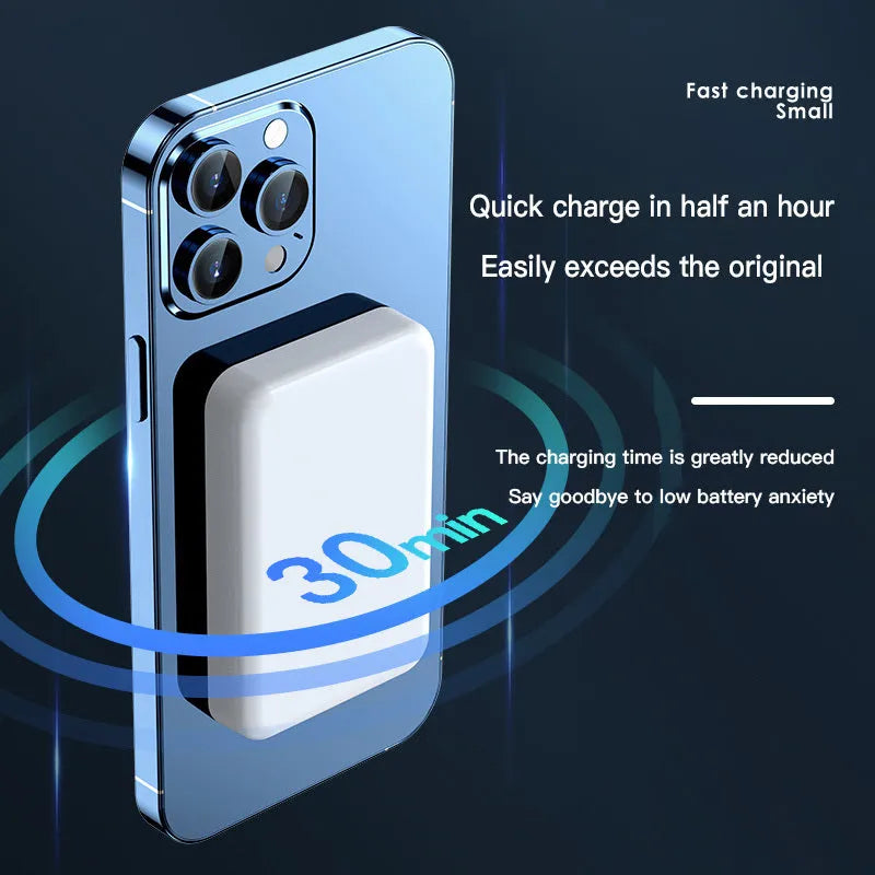 Pink magnetic wireless power bank showing 20000mAh capacity and 20W output specifications