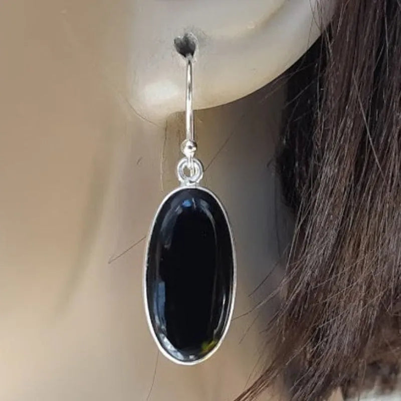Black agate oval pendant earrings with 925 silver electroplating and geometric Chinese design elements