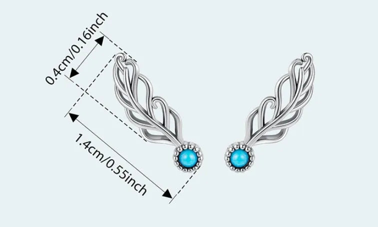 Silver coloured feather stud earrings with genuine turquoise inlay, Chinese style, SCE1896 colour