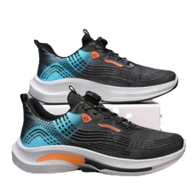 Men's low-top sneaker with mesh lining, rotating buckle, and rubber sole in white and orange colour.
