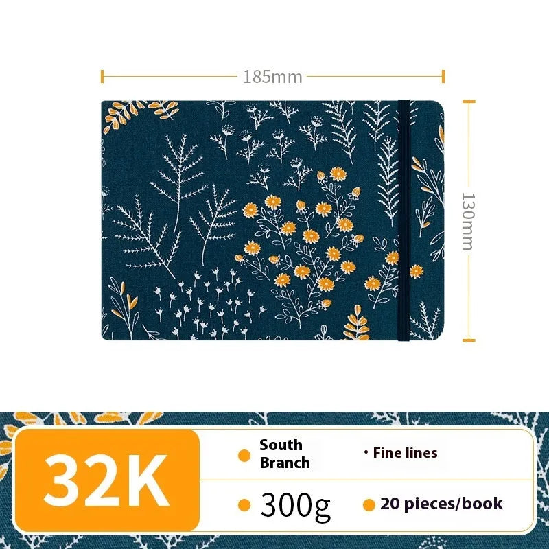 Feiluniao handmade fabric watercolour notebook with cotton paper, 185mm long, shown in a cover design option.