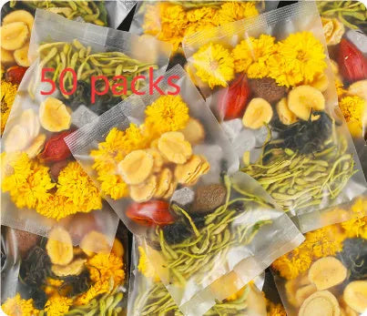 Box of honeysuckle chrysanthemum herbal tea showing packaging options and bonus teacups