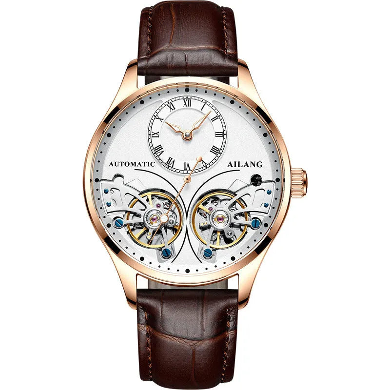 Men's automatic watch with tourbillon, moon phase, black steel case, and transparent back showing Seiko movement.