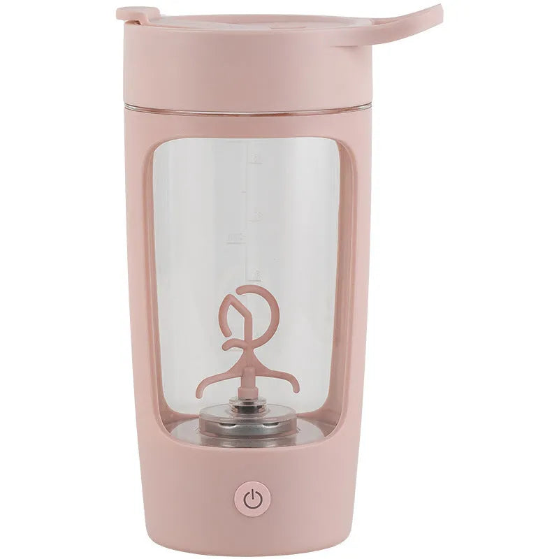 Portable automatic mixing cup in choice of colours, showing 650ml capacity and USB charging port.