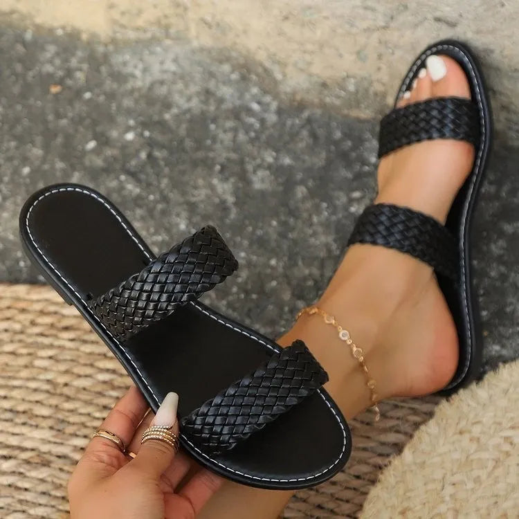 Gold woven synthetic leather beach slipper for women with PVC sole, showing open design and size label.