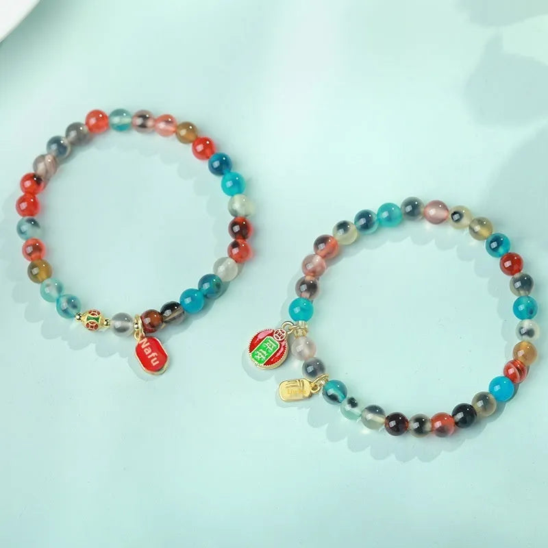 Women's natural agate bracelet with colourful sugar heart glaze and copper coin snake chain in symbolic designs