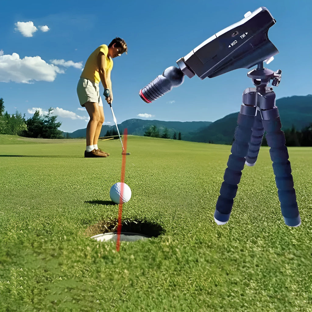 Golf putter laser aiming instrument showing laser projection on putting surface with style option examples