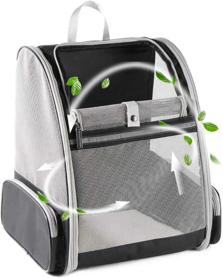 Grey or pink PVC mesh pet carrier backpack for cats and small dogs, 42cm x 31cm x 5cm, with chest buckles and removable mat.