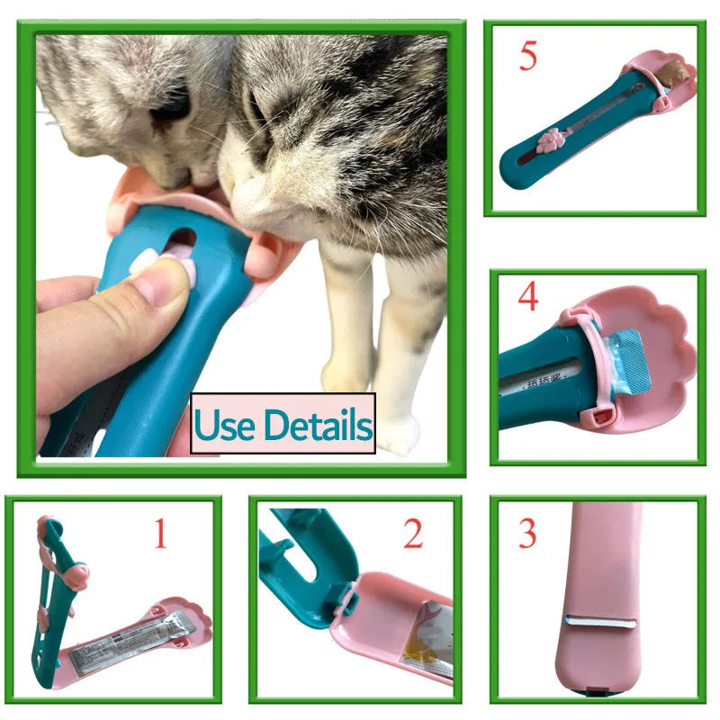 Green and pink pet feed spoon with extrusion design and squeezer feeder function for cat treats and liquid foods