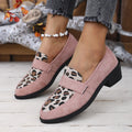 Leopard print slip-on suede pumps with chunky mid heel and pointed toe in pink colour