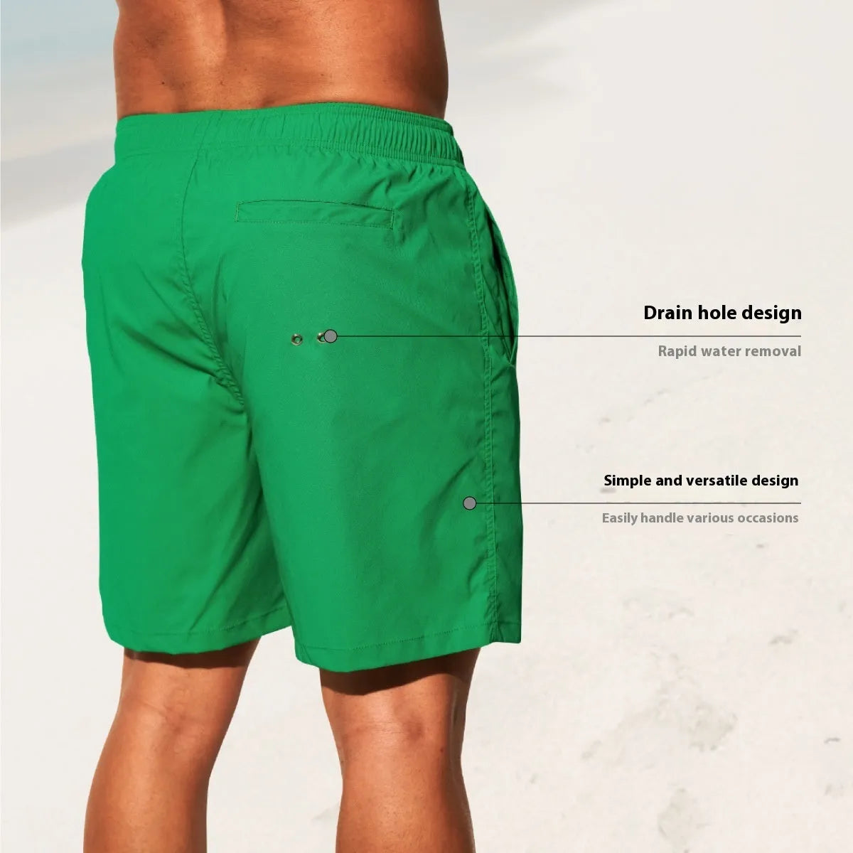 Men's solid colour quick-drying nylon sports shorts on a man, showing straight leg opening.
