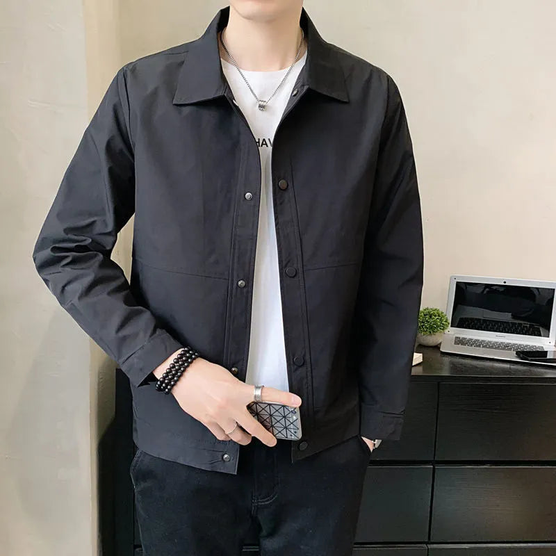 Men's Korean style thin single-layer jacket in light grey, shown front-on.