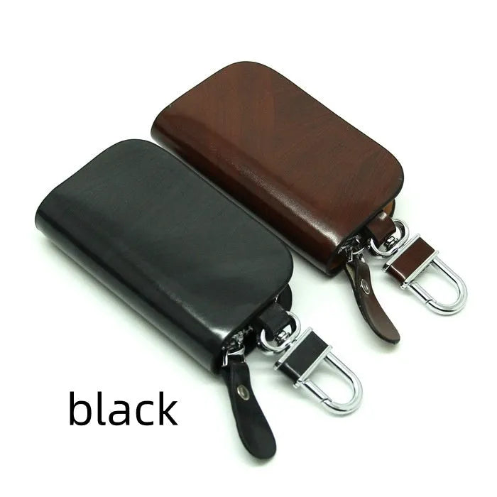Genuine leather car key case with zipper closure in black or brown