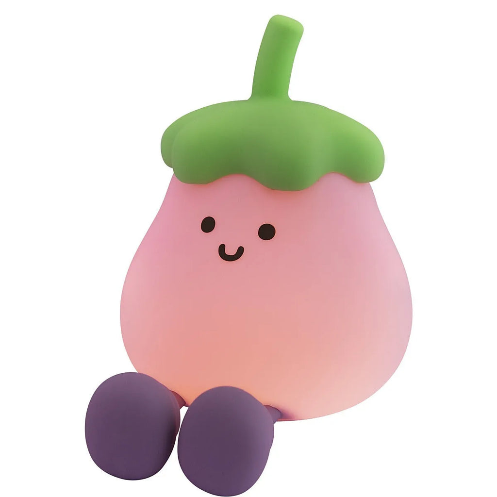 Cartoon eggplant small night lamp with soft yellow light beside broccoli design night light