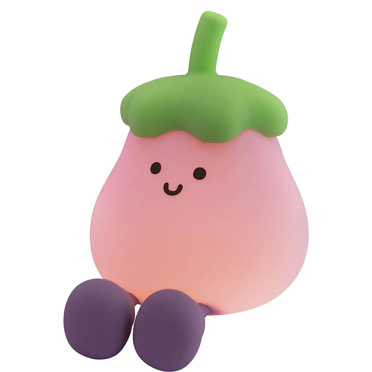 Cartoon eggplant small night lamp with soft yellow light beside broccoli design night light