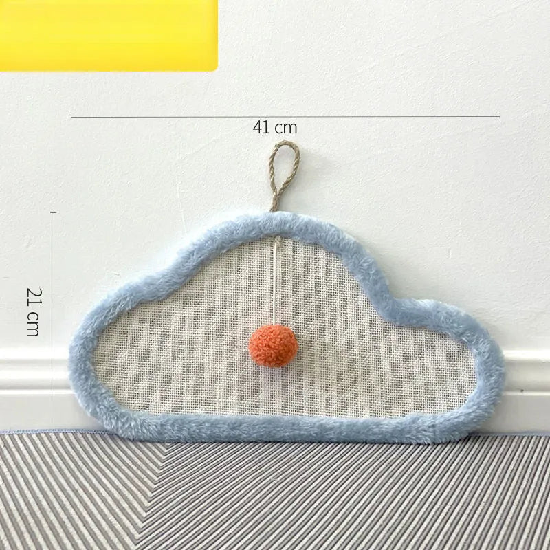 White cat scratching mat with cartoon sleeping cat design, made from natural sisal fibre