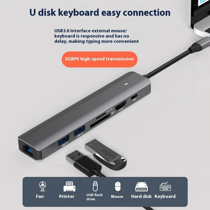Silver 7-in-1 USB-C laptop hub showing HDMI, USB-C PD, USB 3.0, and SD card ports